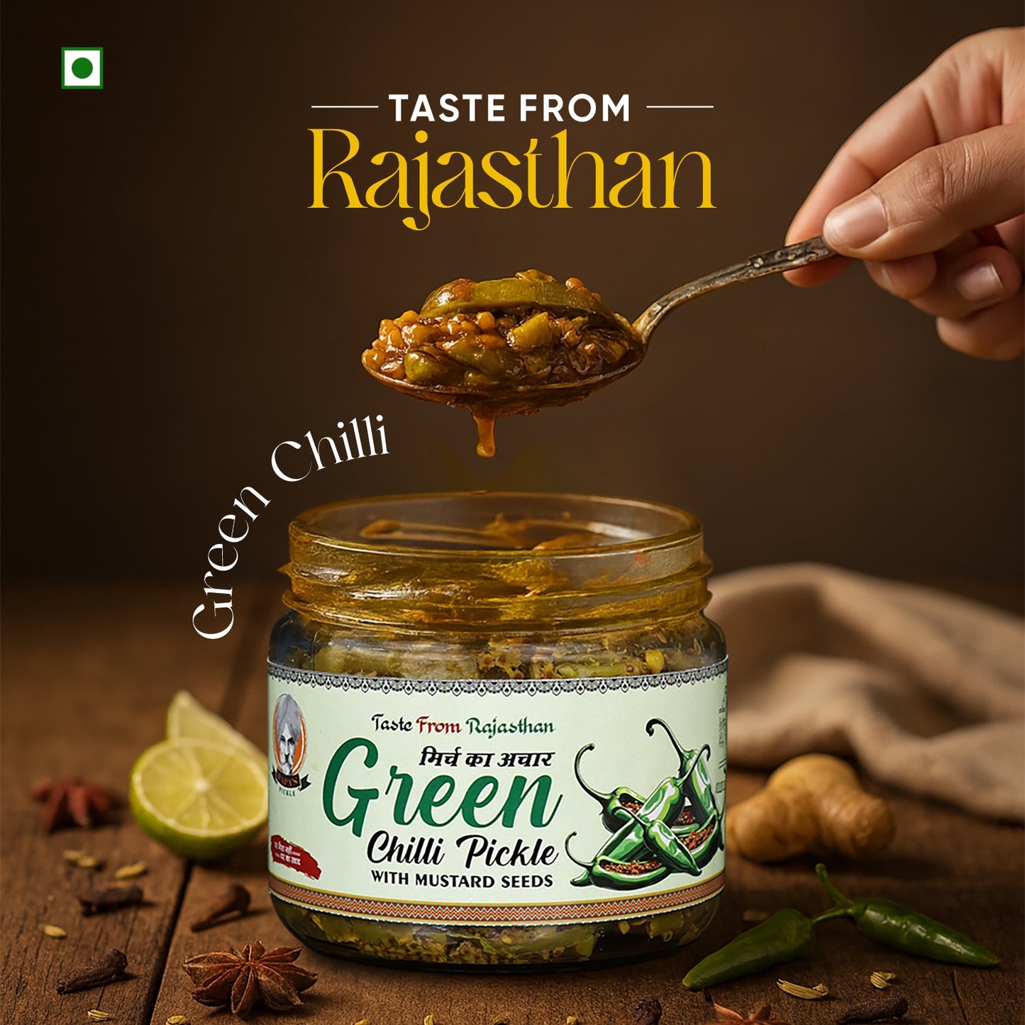 Papa’s Pickle – Authentic Rajasthani Green Chilli Pickle with Mustard Seeds (300g)